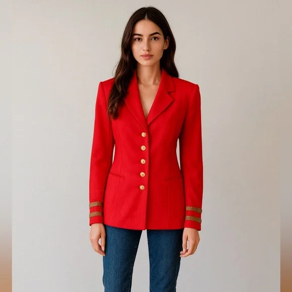 Escada Margaretha Ley Wool Vtg 80s 1980s Poppy Red Gold Nautical Blazer Jacket - Picture 1 of 14